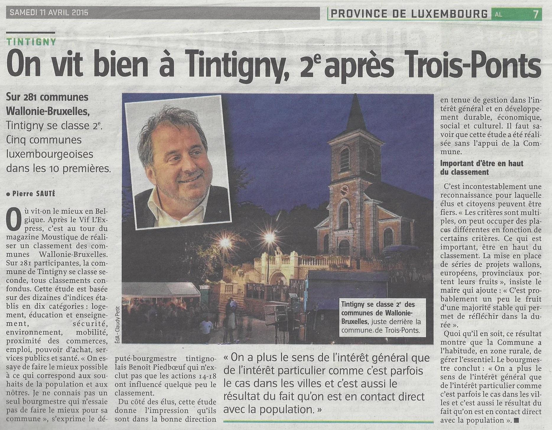 Tintigny 2ème commune de Wallonie où il fait bon vivre !